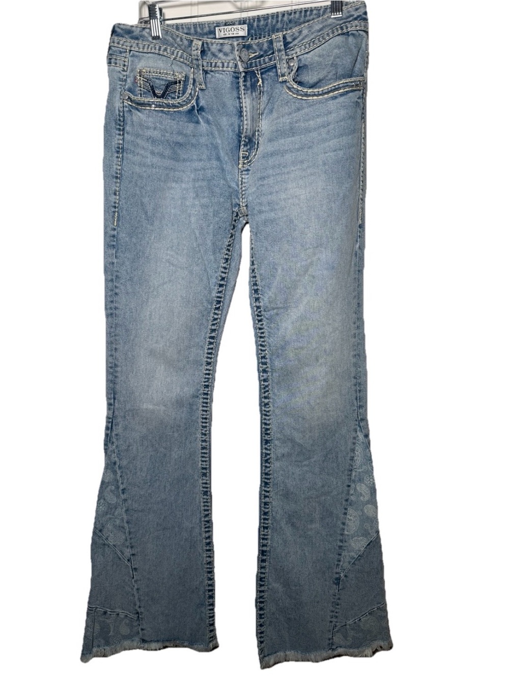 Vigoss Jeans Sz 29 Blue Light Wash Kasey Flares Bell Bottom Paisley Fringe